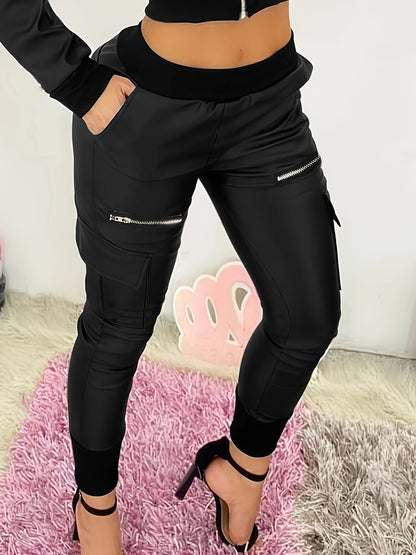 Women's Chic Black Faux Leather Jacket and Cargo Pants Set - Elegant Short Style with Zipper Detailing, Stretchy Polyester/Spandex Blend, Machine Washable