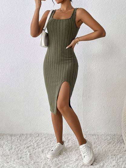 Solid Color Square Neck Bodycon Dress, Casual Split Sleeveless Midi Dress For Summer, Women's Clothing