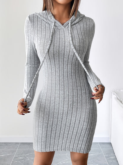 Rib Knit Drawstring Hooded Bodycon Dress