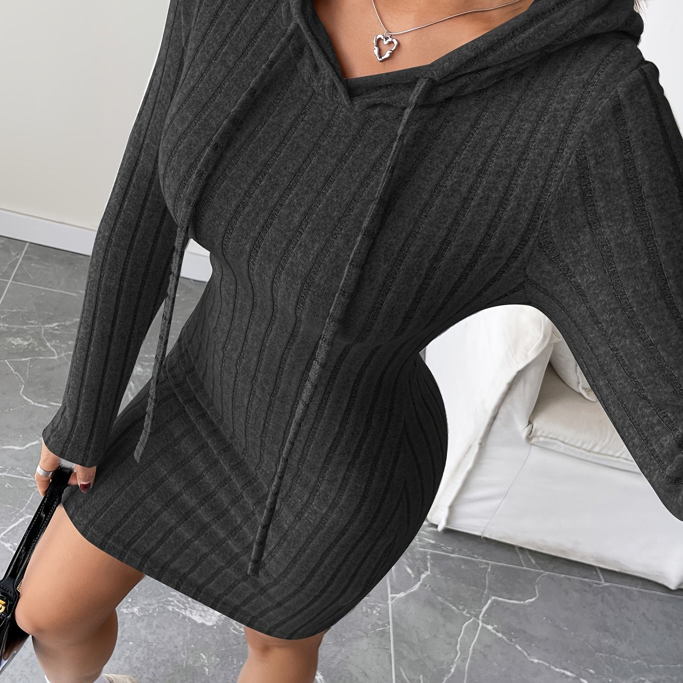 Rib Knit Drawstring Hooded Bodycon Dress