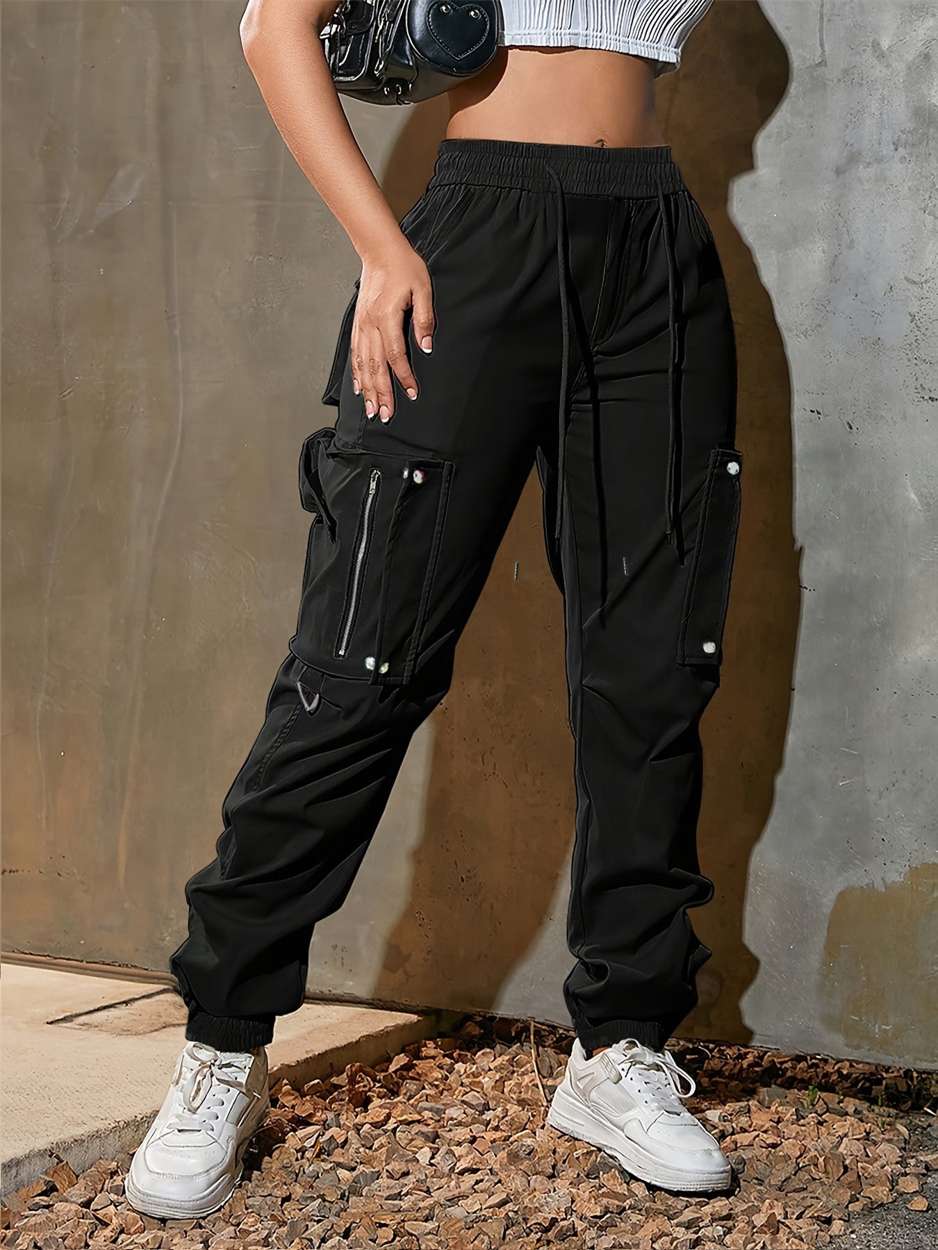 Women's High-Waist Wide-Leg Cargo Pants - Casual Fashion, Soft Polyester, Drawstring Elastic Waist, Multi-Pocket Design, Comfortable for All Seasons, Back Belt, All Seasons