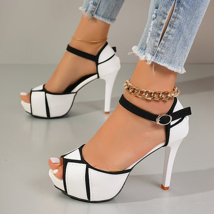 Women's Elegant Colorblock Sandals, Ankle Buckle Strap Platform Hollow Out High Heels, Peep Toe Comfort Shoes