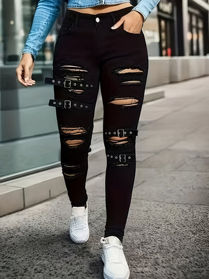 Women'S Elegant Ripped Skinny Jeans, High Stretch Slim Fit, All-Season Solid Color, Button Fly, Rayon/Viscose Blend, 400g/m² Woven Fabric, Fashion Streetwear for Going Out