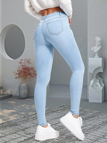 Women's Light Blue Skinny Jeans - Stretch Denim with Slim Fit, Slant Pockets & Button Closure | Versatile All-Season Casual Wear