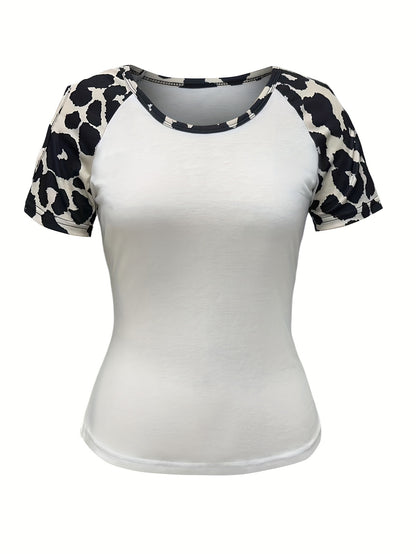 Leopard Print Crew Neck T-Shirt, Casual Cut Out Short Sleeve Top For Spring & Summer, Women's Clothing