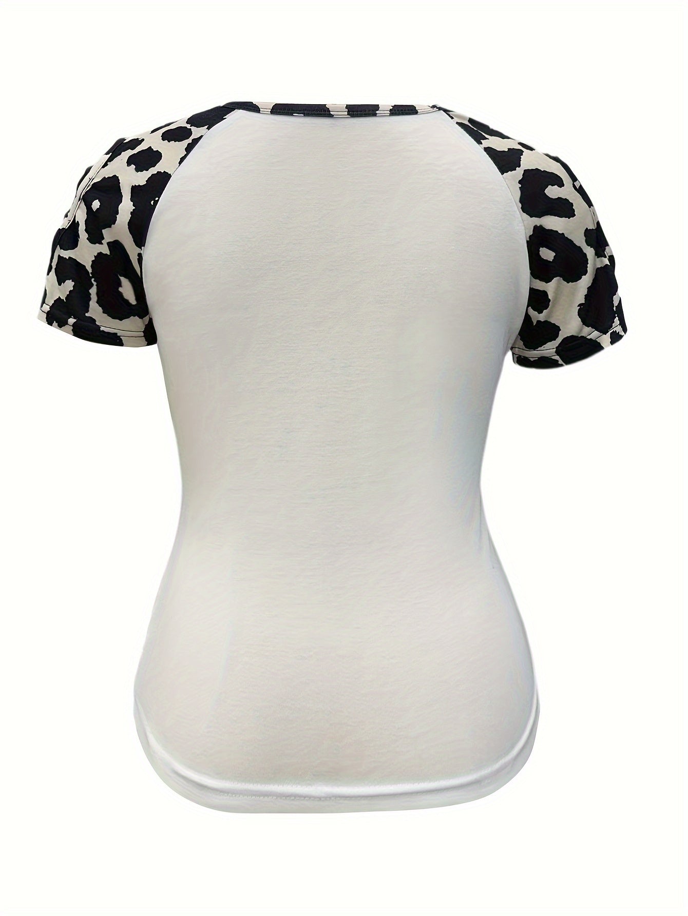 Leopard Print Crew Neck T-Shirt, Casual Cut Out Short Sleeve Top For Spring & Summer, Women's Clothing