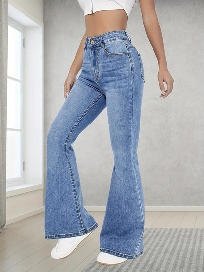 Fashionable And Versatile High-Waisted Stretchy Blue Flared Jeans for Women.