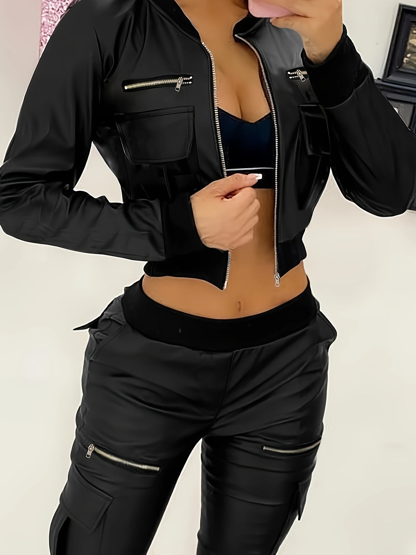 Women's Chic Black Faux Leather Jacket and Cargo Pants Set - Elegant Short Style with Zipper Detailing, Stretchy Polyester/Spandex Blend, Machine Washable