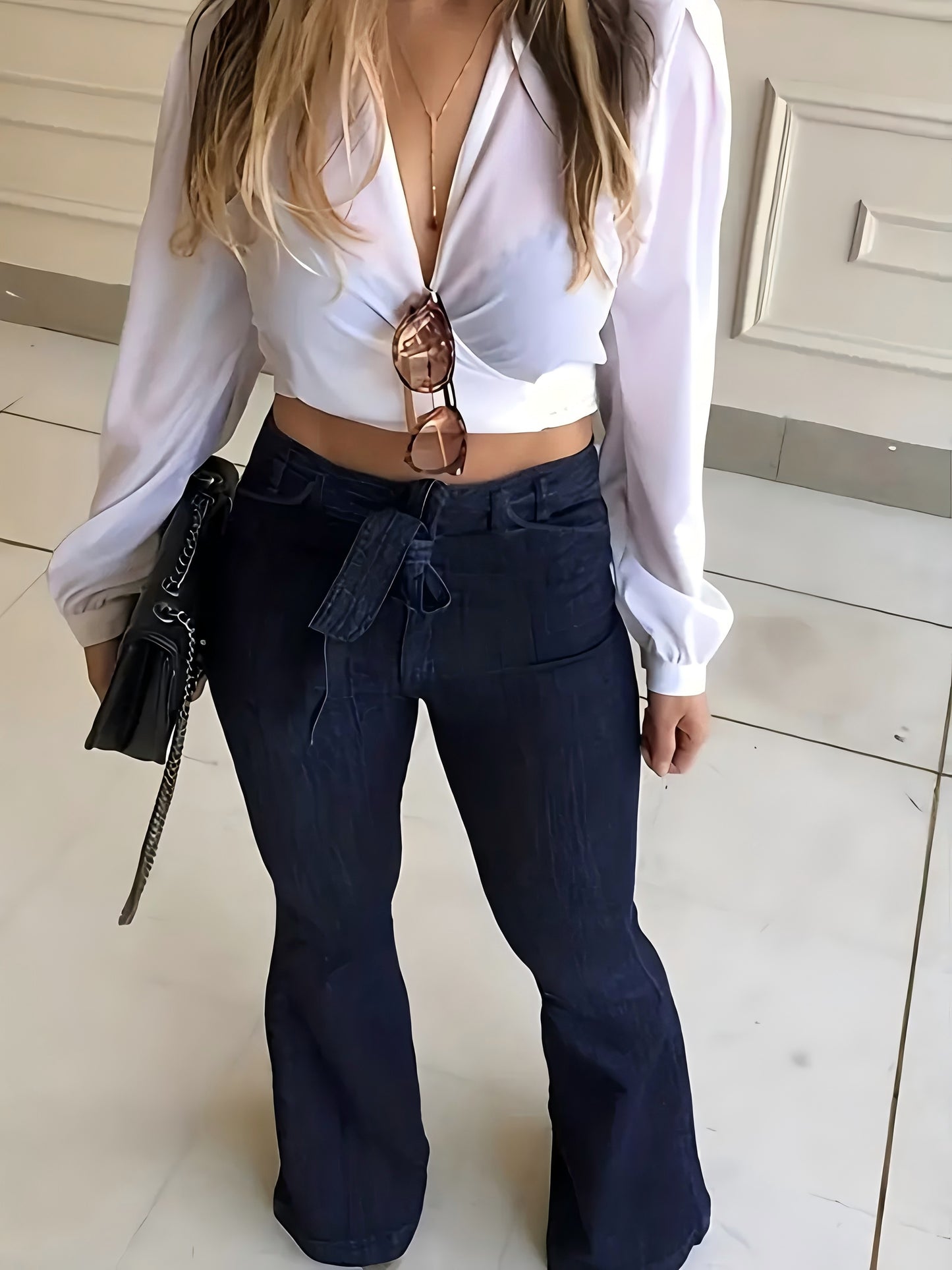 High-Waisted Stretchy Casual Flared Jeans with a Belt in Natural Color.