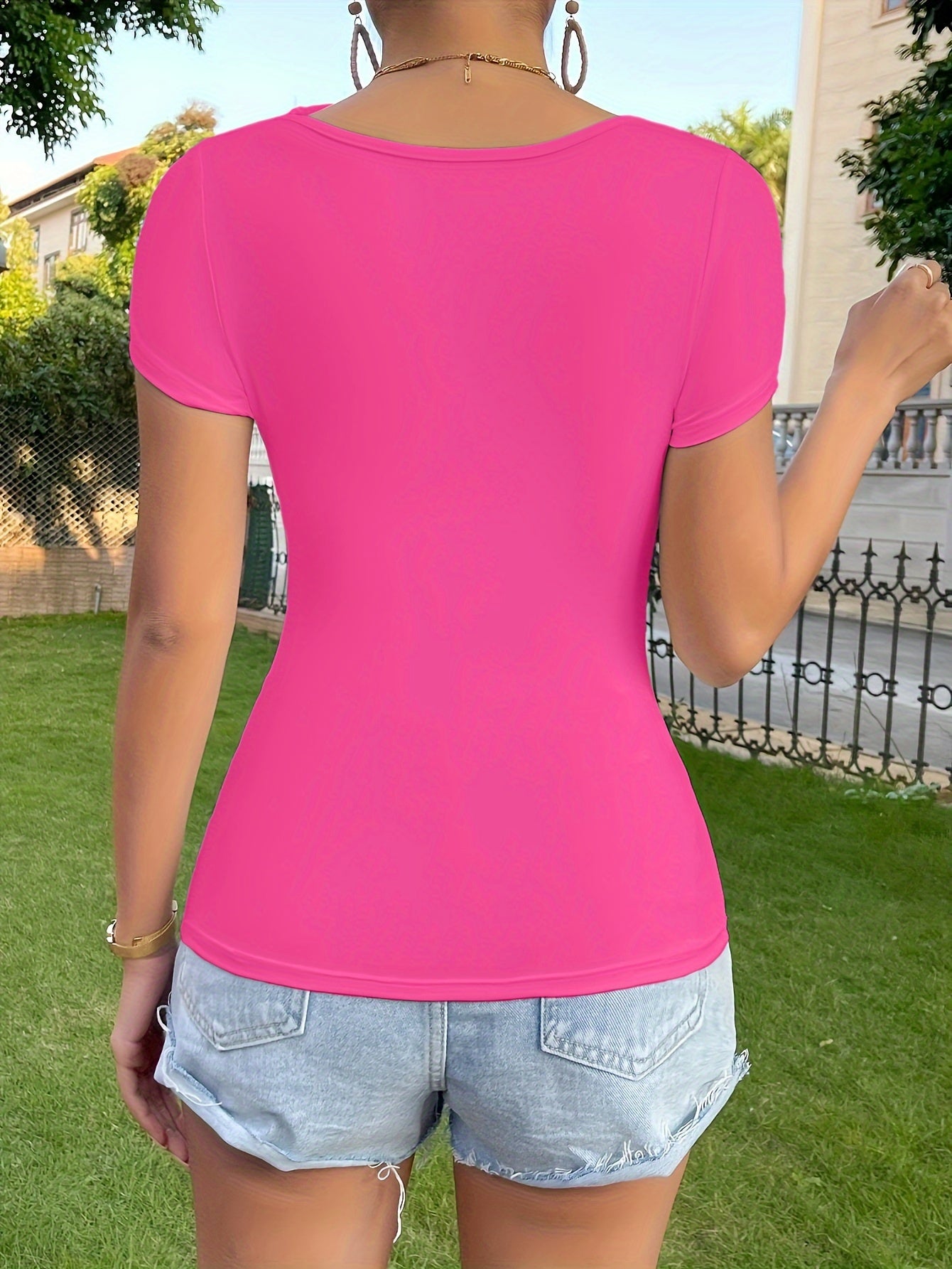 Solid Square Neck T-shirt, Elegant Short Sleeve Slim Crop Summer Top, Women's Clothing