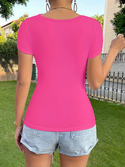 Solid Square Neck T-shirt, Elegant Short Sleeve Slim Crop Summer Top, Women's Clothing