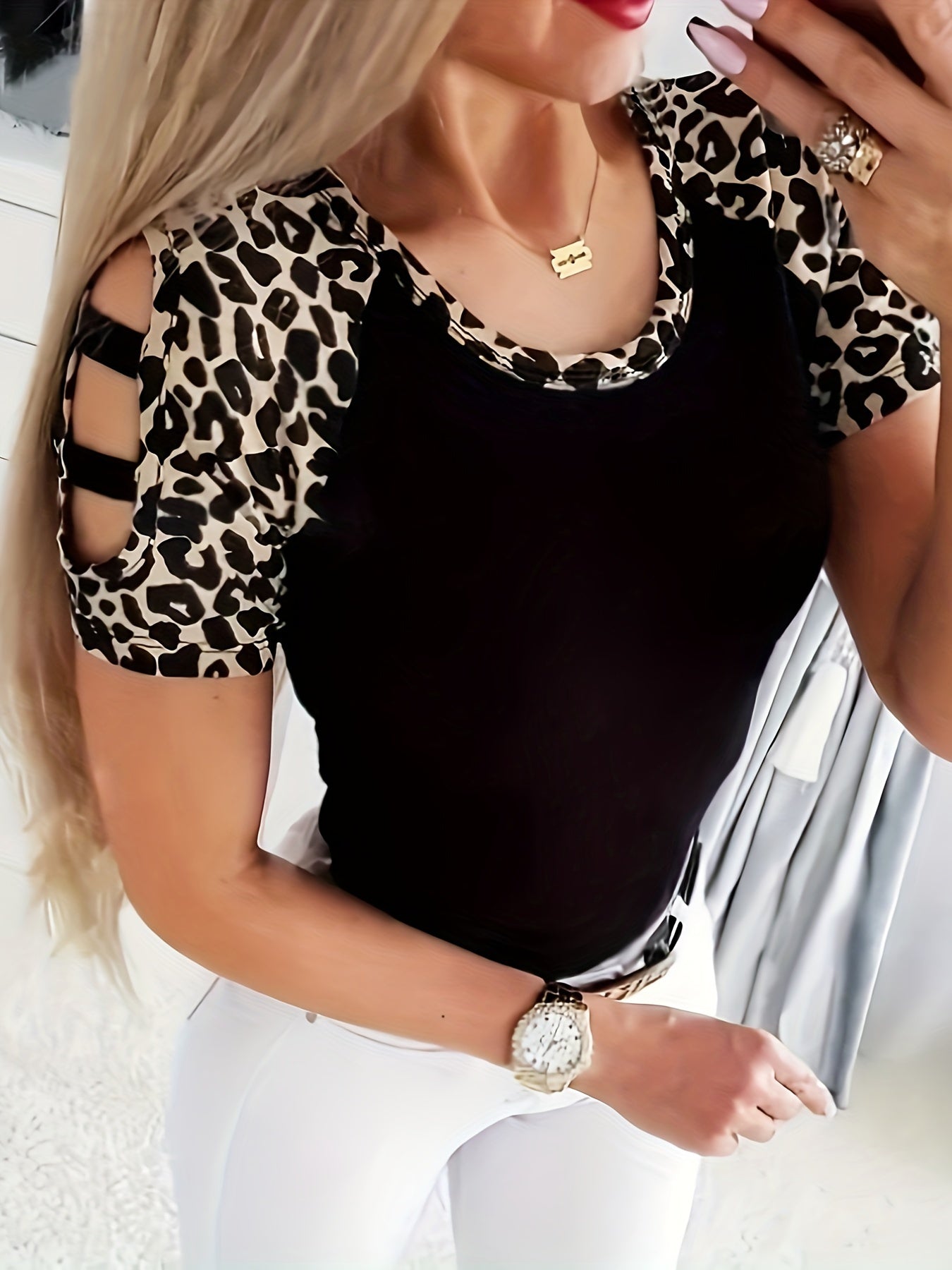 Leopard Print Crew Neck T-Shirt, Casual Cut Out Short Sleeve Top For Spring & Summer, Women's Clothing