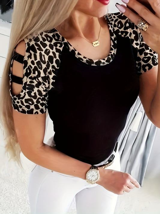 Leopard Print Crew Neck T-Shirt, Casual Cut Out Short Sleeve Top For Spring & Summer, Women's Clothing