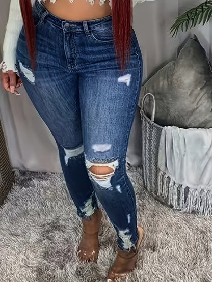 Plus Size Skinny Fit Ripped Raw Hem Plain Washed Blue Versatile Jeans Denim Pants, Women's Denim Jeans & Clothing