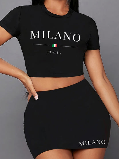 Elegant Milan Letter Print Two-Piece Set for Women - Crew Neck Short Sleeve Tee & Skirt, Spring/Summer Fashion, Machine Washable