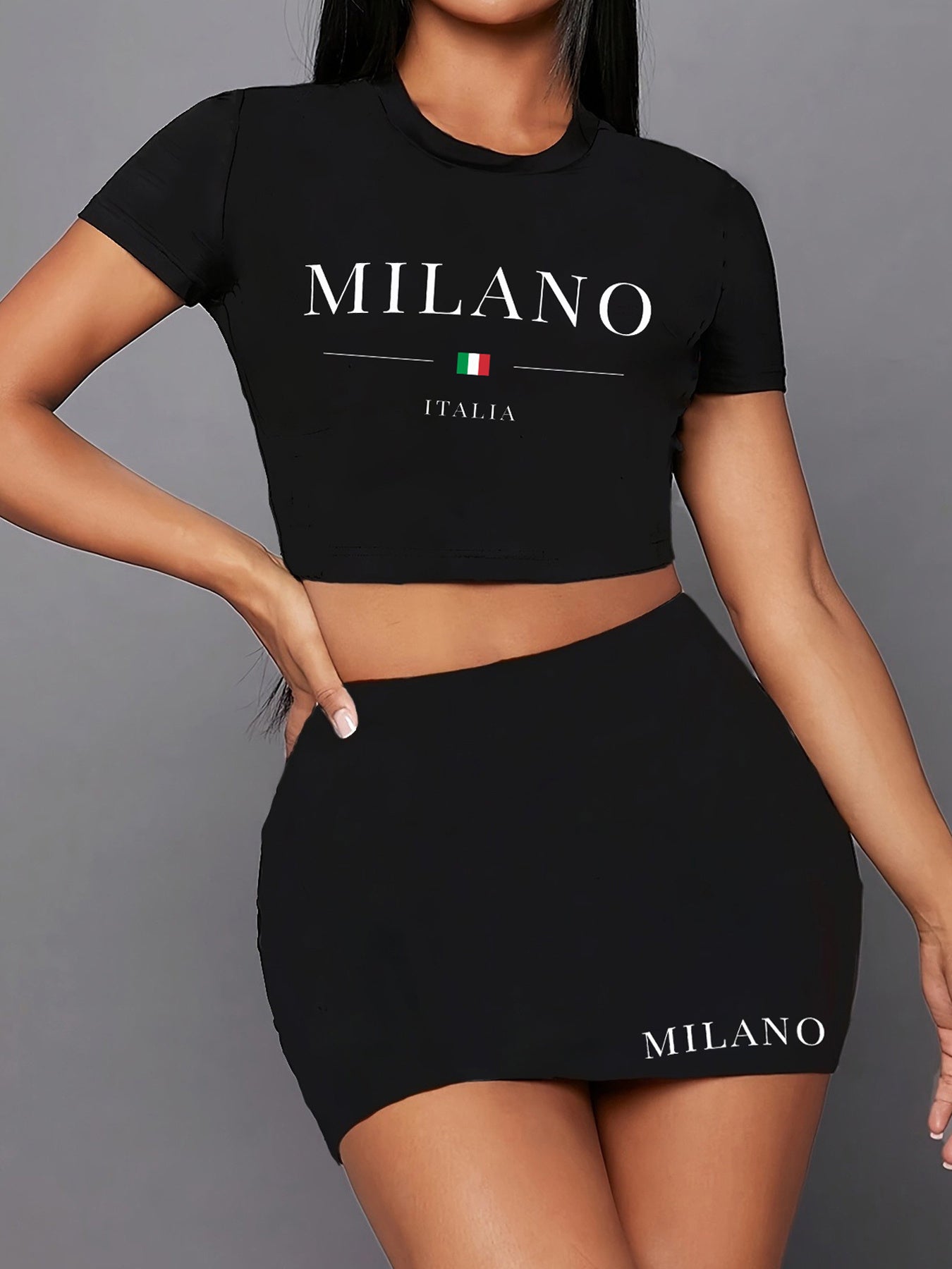 Elegant Milan Letter Print Two-Piece Set for Women - Crew Neck Short Sleeve Tee & Skirt, Spring/Summer Fashion, Machine Washable