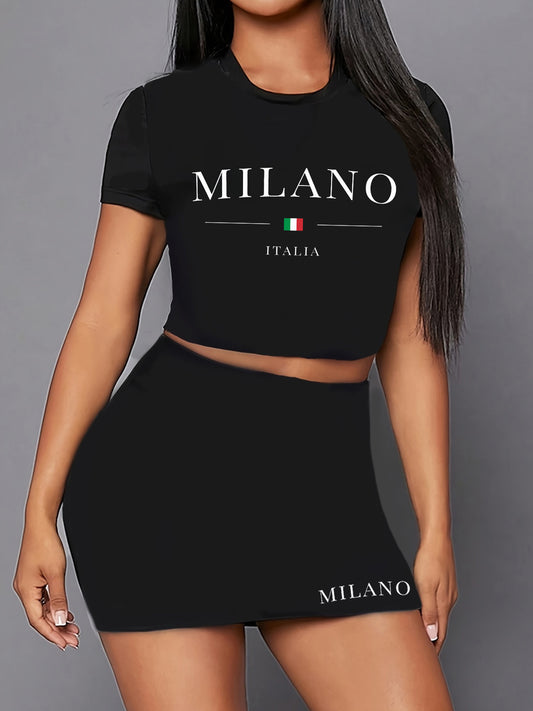 Elegant Milan Letter Print Two-Piece Set for Women - Crew Neck Short Sleeve Tee & Skirt, Spring/Summer Fashion, Machine Washable