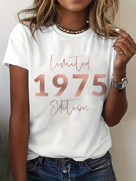 Limited Edition 1975 70th Birthday Letter Print T-Shirt - Women's Casual Short Sleeve Crew Neck Top for Summer & Spring