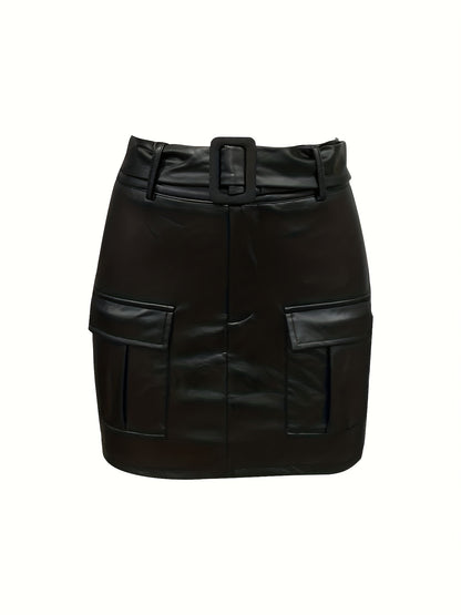 Elegant Solid Color Belted Mini Skirt with Pockets for Women - Stretchy Polyester Blend, Machine Washable