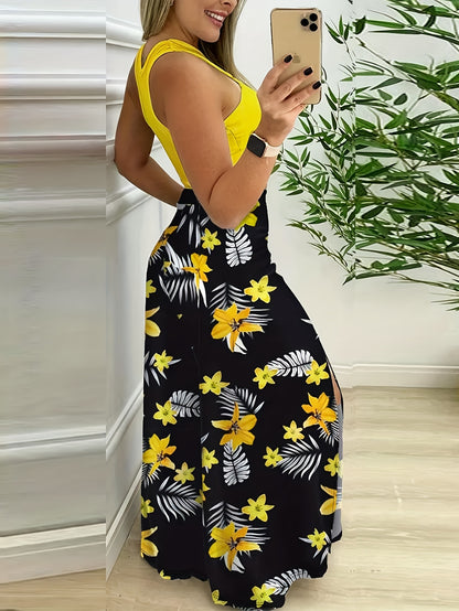 Women'S Elegant Floral Wide Leg Pants and Crop Top Set, Polyester 95% Elastane 5%, Crew Neck, Spring/Summer Split Design, Woven Fabric 175g/m²