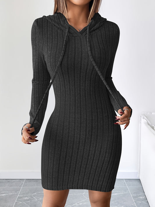 Rib Knit Drawstring Hooded Bodycon Dress