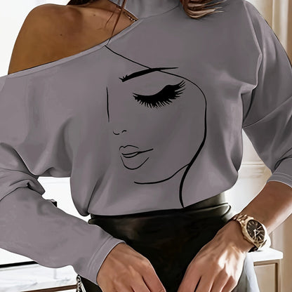 Abstract Face Print T-shirt, Casual Cut Out Long Sleeve T-shirt, Women's Clothing