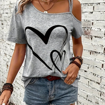 Heart Print Cold Shoulder T-shirt, Casual Short Sleeve Backless Asymmetrical Top, Women's Clothing