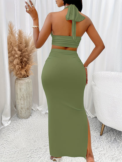 Elegant Solid Two Piece Set, Halter Neck Slim-Fit Sleeveless Top & Bodycon Split Skirt Outfits, Women's Clothing