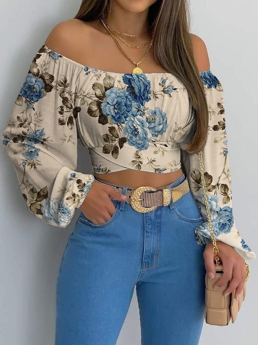 Print Blouse, Short Lantern Sleeve Pullover Top in Polyester with Spandex, Machine Washable - Spring/Summer/Fall, Women's Fashion, Bare Shoulder