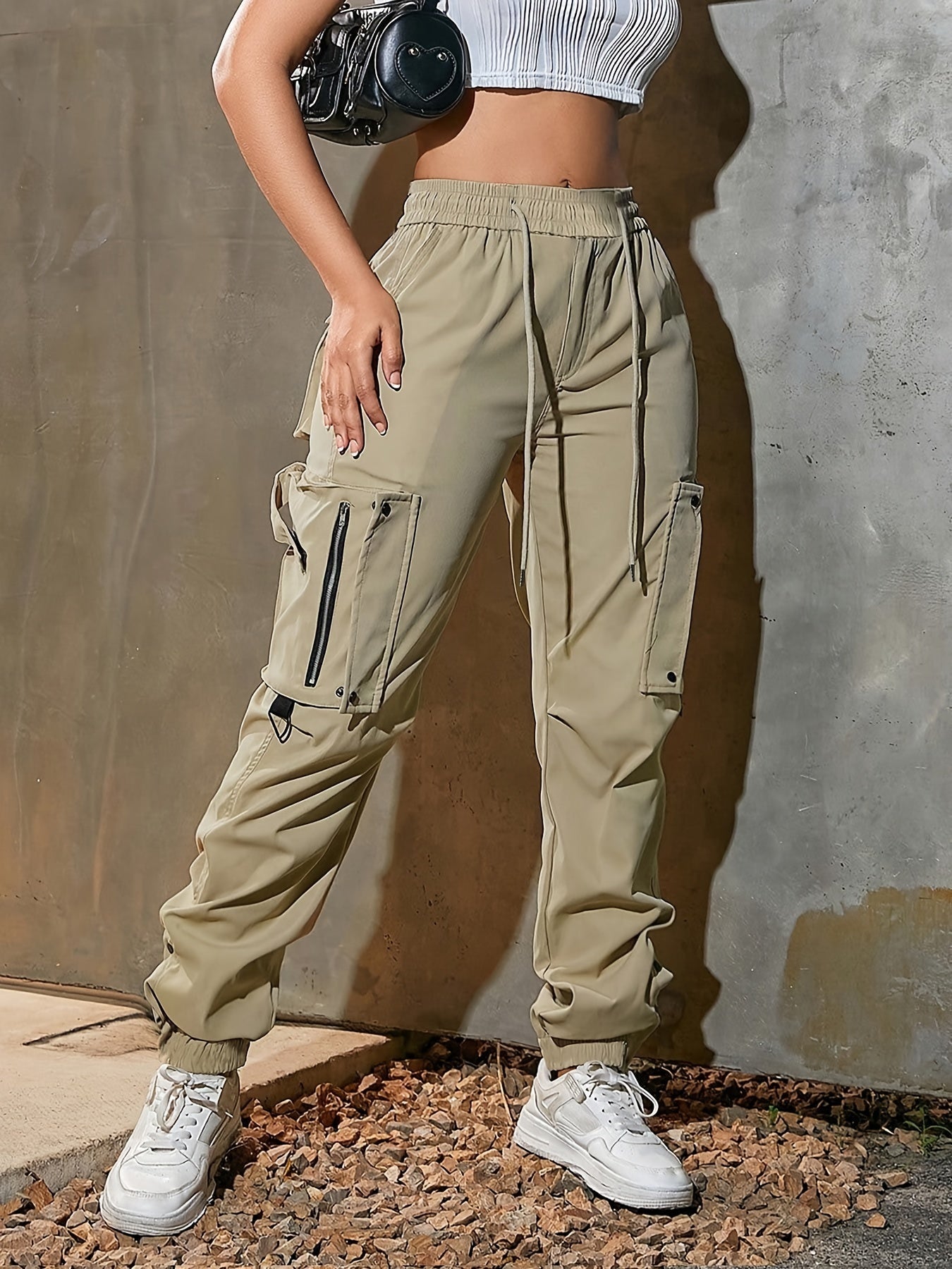 Women's High-Waist Wide-Leg Cargo Pants - Casual Fashion, Soft Polyester, Drawstring Elastic Waist, Multi-Pocket Design, Comfortable for All Seasons, Back Belt, All Seasons