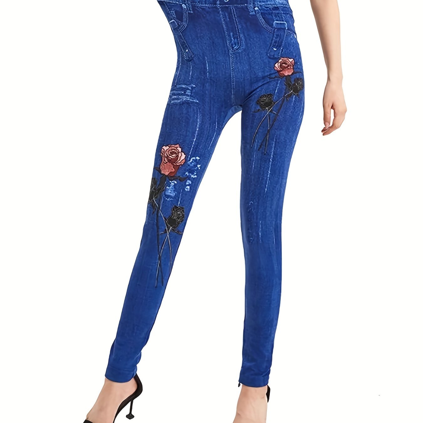 Denim Print High Waist Jeggings, Slim Stretchy Casual Leggings, Women's Clothing