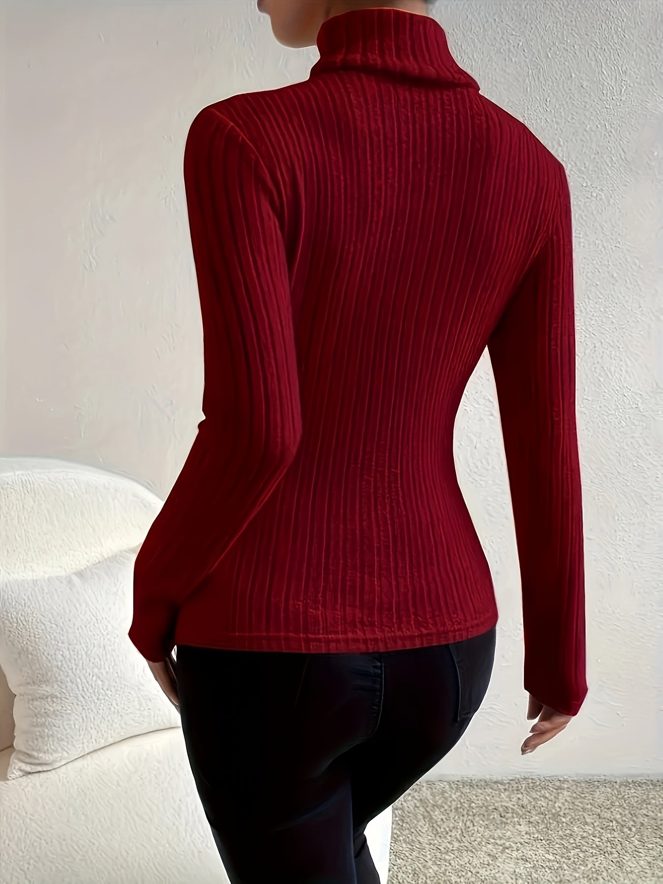 1pc Women'S Solid Color High Neck Long Sleeve T-Shirt, Polyester Knit Fabric, Regular Length, All Season Vacation Style Tee