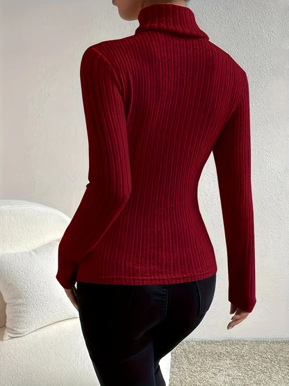 1pc Women'S Solid Color High Neck Long Sleeve T-Shirt, Polyester Knit Fabric, Regular Length, All Season Vacation Style Tee