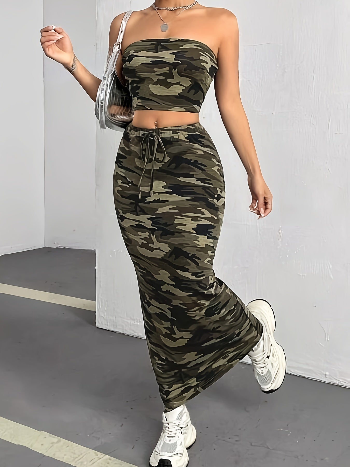 Camo Print Casual Skirt Set, Backless Strapless Crop Tube Top & Tie Waist Slim Ankle Length Skirt Outfits, Women's Clothing