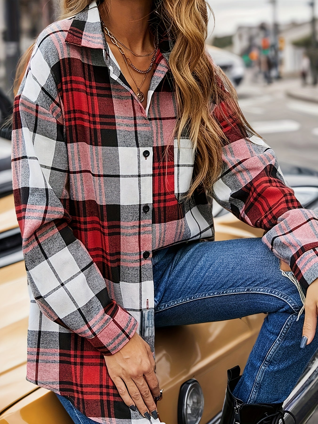 Plus Size Casual Blouse, Women's Plus Plaid Print Long Sleeve Button Up Lapel Collar Loose Fit Shirt Top