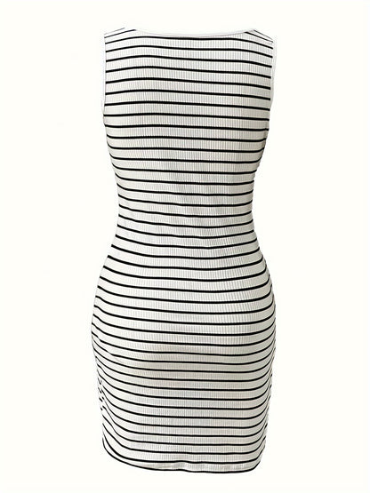 Women's Striped Bodycon Midi Dress with Y-Neck and Button Detail - Sexy, Stretchy Polyester/Spandex Blend, Short Sleeve, Perfect for Spring/Summer, Spring Fashion|Sexy Midi Dress|Stretchy Fabric Dress