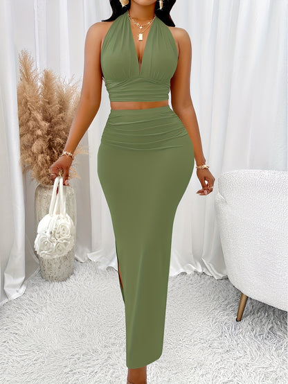 Elegant Solid Two Piece Set, Halter Neck Slim-Fit Sleeveless Top & Bodycon Split Skirt Outfits, Women's Clothing