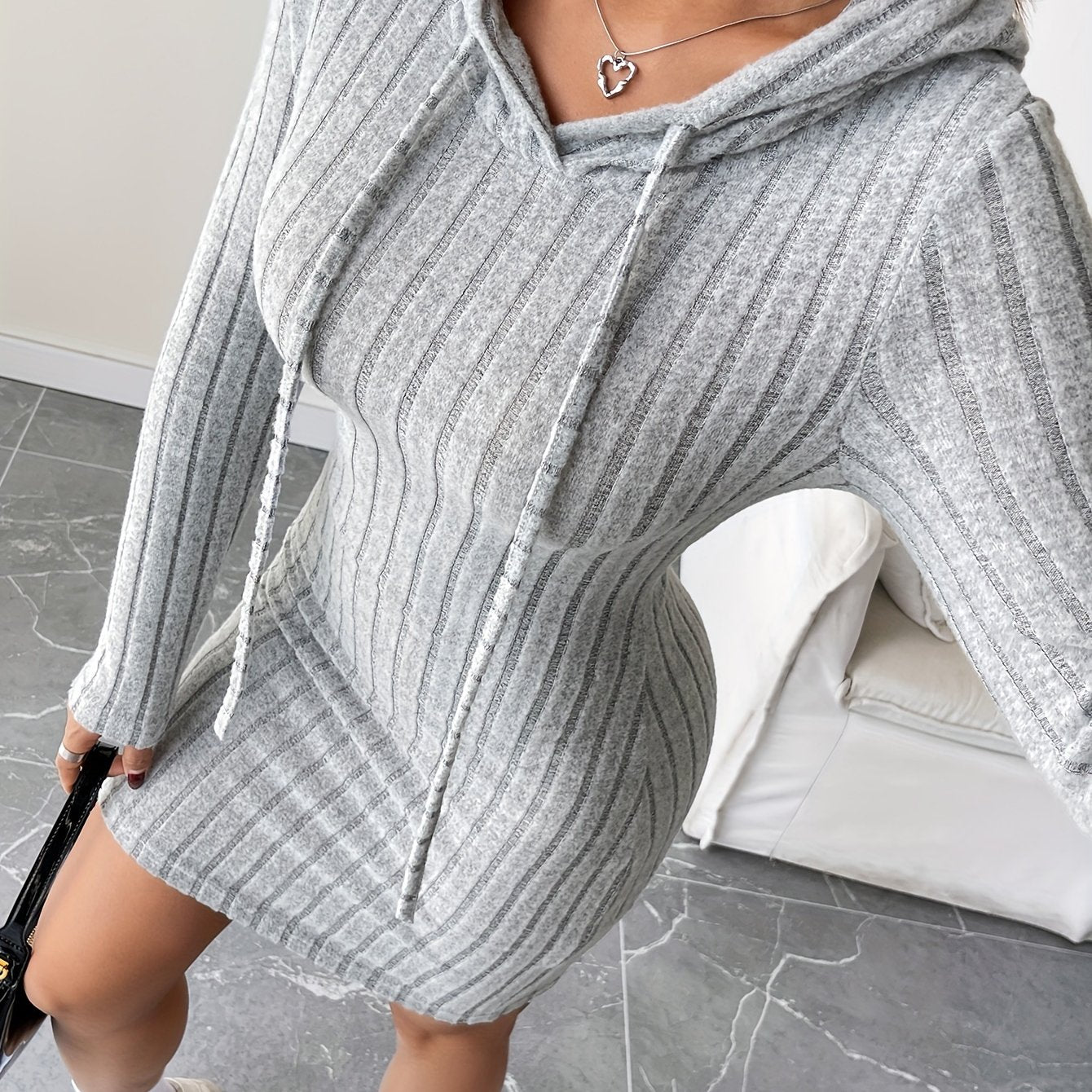 Rib Knit Drawstring Hooded Bodycon Dress