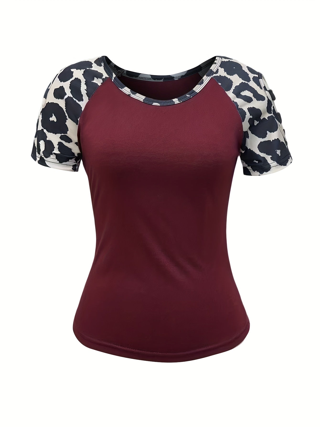 Leopard Print Crew Neck T-Shirt, Casual Cut Out Short Sleeve Top For Spring & Summer, Women's Clothing