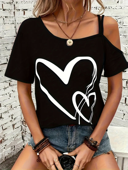 Heart Print Cold Shoulder T-shirt, Casual Short Sleeve Backless Asymmetrical Top, Women's Clothing