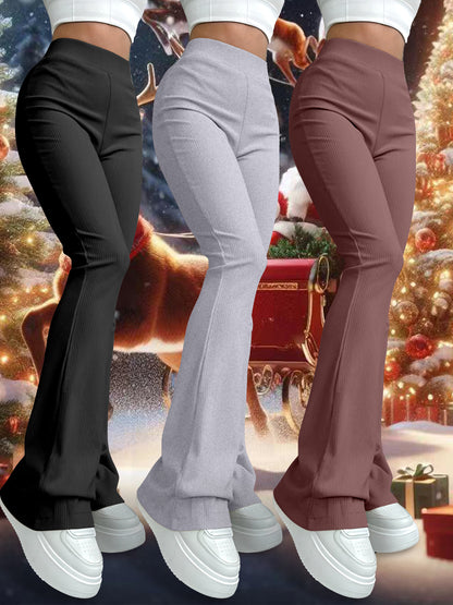 3pcs Women'S High-Waist Flare Leg Pants, Polyester and Spandex Blend, Casual Solid Color Knit Fabric Bell Bottoms, Stretchy Yoga Style Trousers for All Seasons