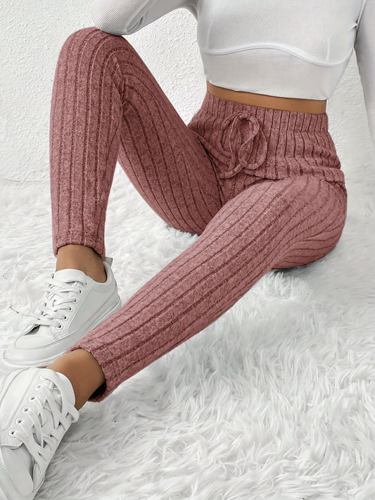 Women's High-Waist Ribbed Knit Pencil Pants - Elegant Brown, Stretchy & Comfortable, Elastic Waistband with Decorative Drawstring, Perfect for Casual Fall/Winter Wear, High Waist Pants