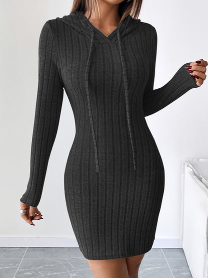 Rib Knit Drawstring Hooded Bodycon Dress