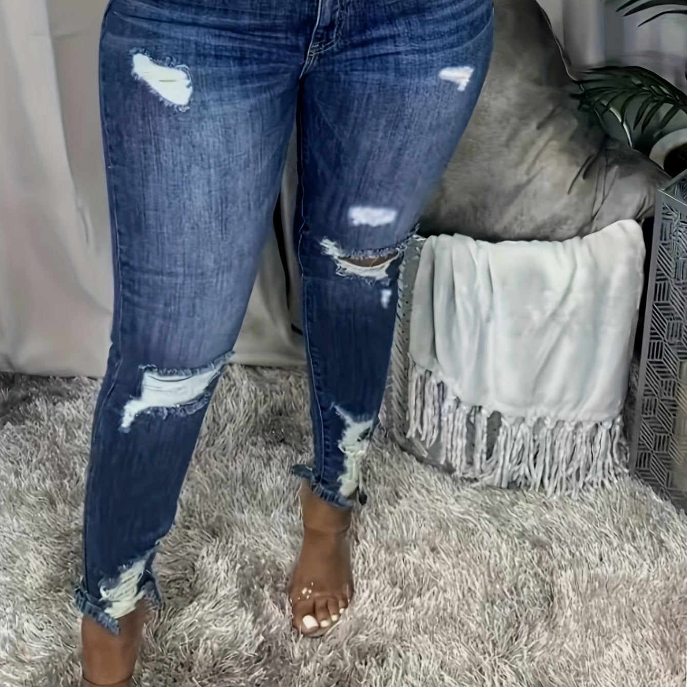 Plus Size Skinny Fit Ripped Raw Hem Plain Washed Blue Versatile Jeans Denim Pants, Women's Denim Jeans & Clothing