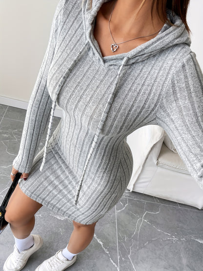 Rib Knit Drawstring Hooded Bodycon Dress