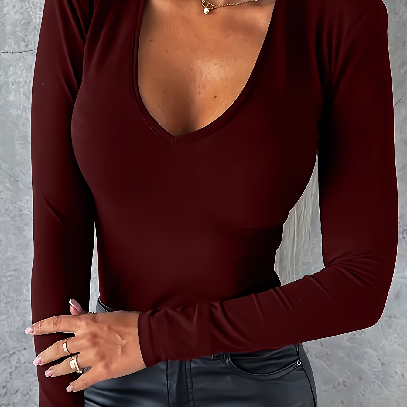 Solid V Neck T-shirt, Casual Long Sleeve Slim Top For Spring & Fall, Women's Clothing