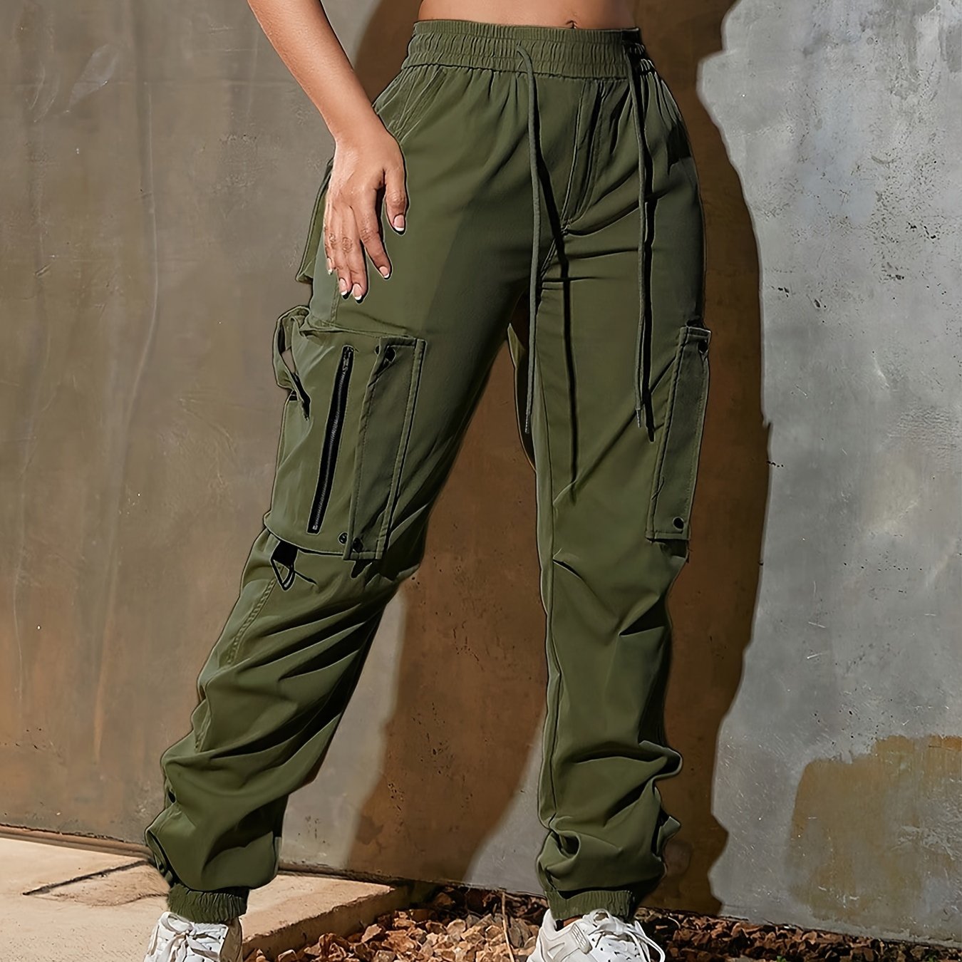 Women's High-Waist Wide-Leg Cargo Pants - Casual Fashion, Soft Polyester, Drawstring Elastic Waist, Multi-Pocket Design, Comfortable for All Seasons, Back Belt, All Seasons