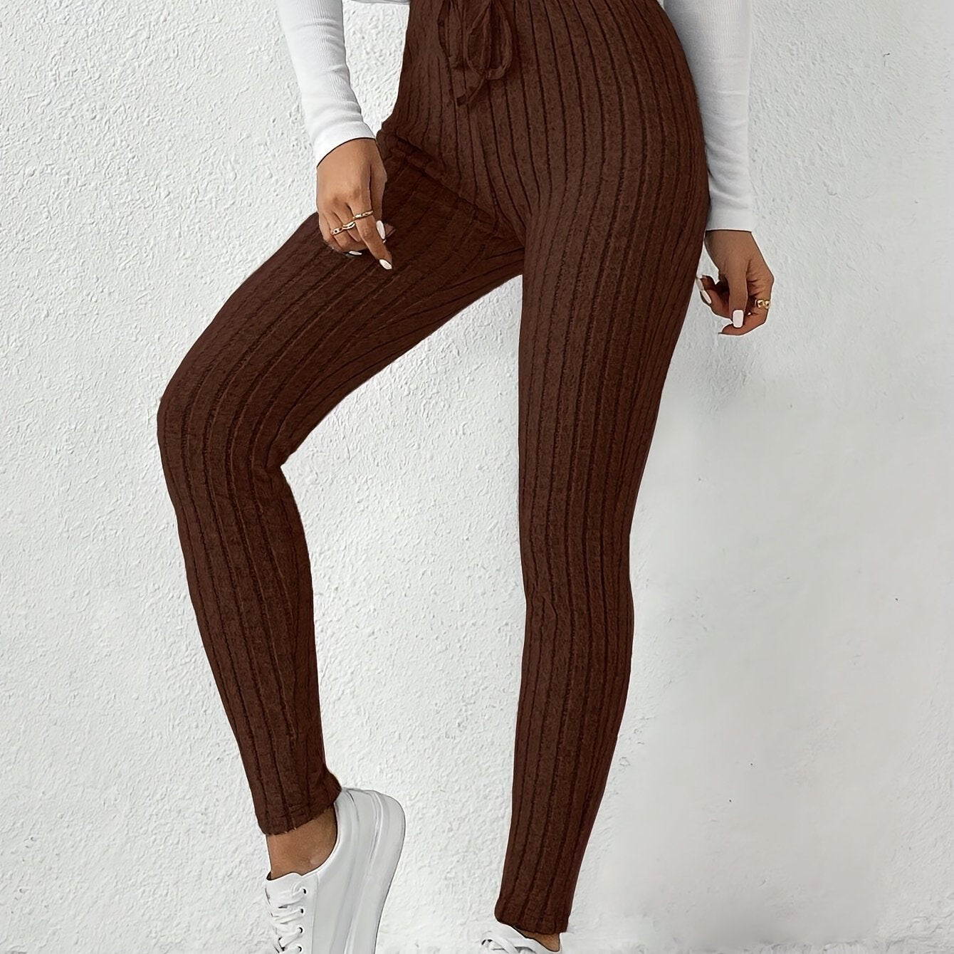 Women's High-Waist Ribbed Knit Pencil Pants - Elegant Brown, Stretchy & Comfortable, Elastic Waistband with Decorative Drawstring, Perfect for Casual Fall/Winter Wear, High Waist Pants