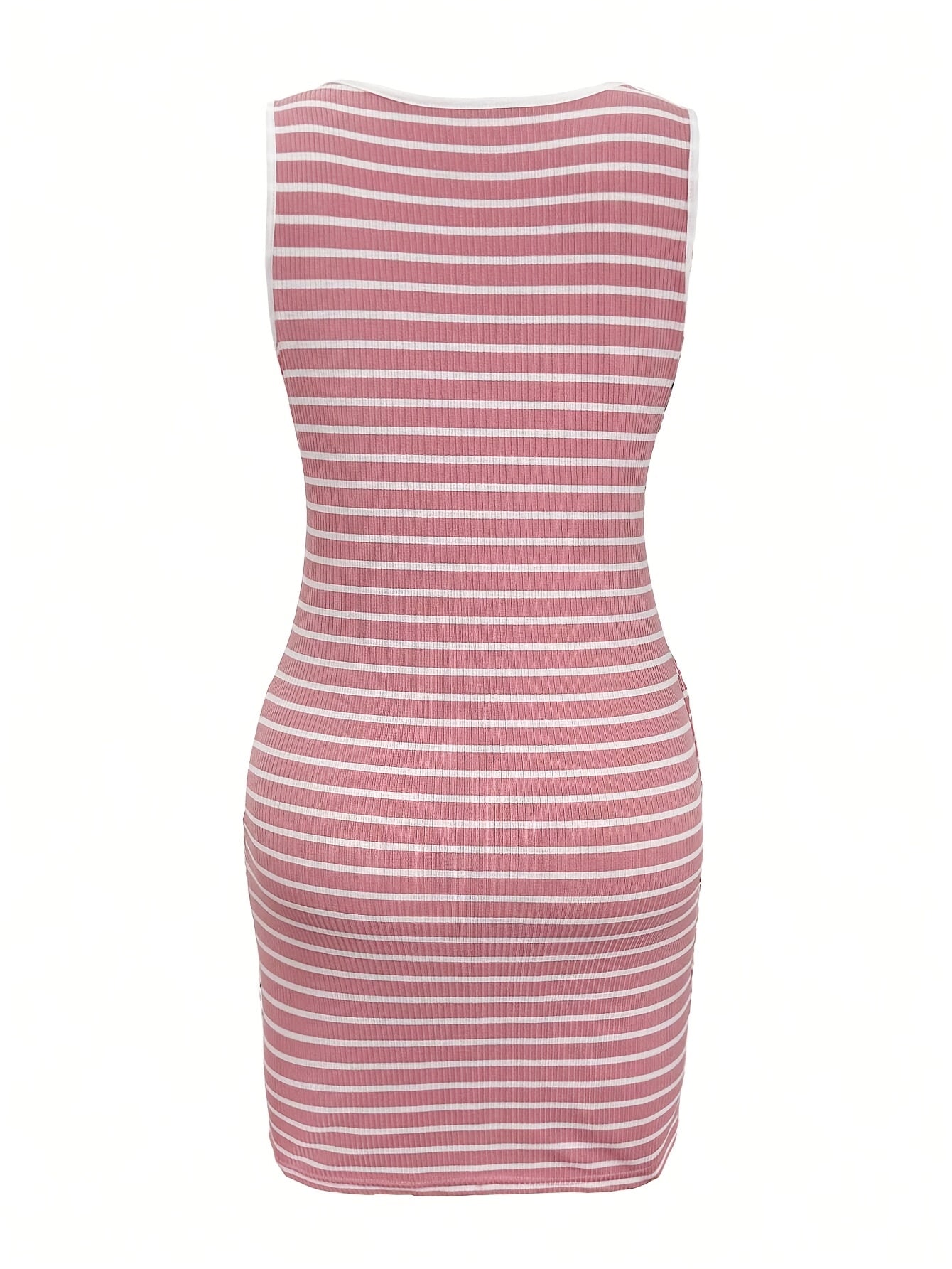 Women's Striped Bodycon Midi Dress with Y-Neck and Button Detail - Sexy, Stretchy Polyester/Spandex Blend, Short Sleeve, Perfect for Spring/Summer, Spring Fashion|Sexy Midi Dress|Stretchy Fabric Dress