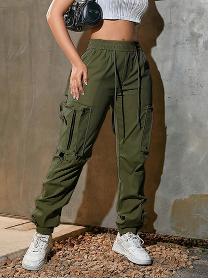 Women's High-Waist Wide-Leg Cargo Pants - Casual Fashion, Soft Polyester, Drawstring Elastic Waist, Multi-Pocket Design, Comfortable for All Seasons, Back Belt, All Seasons